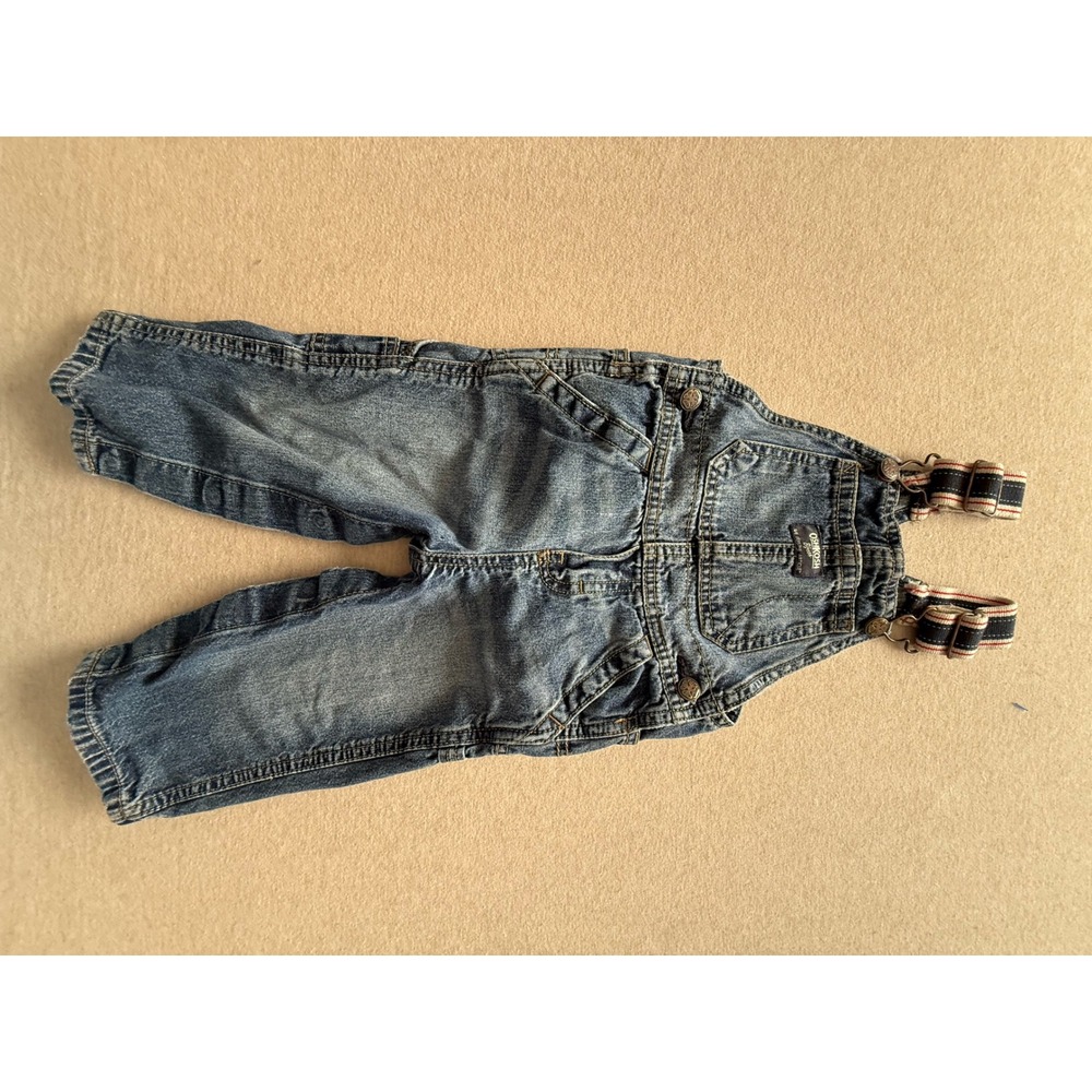 OshKosh Bgosh Baby Boys Blue Denim Overalls Striped Straps 18M